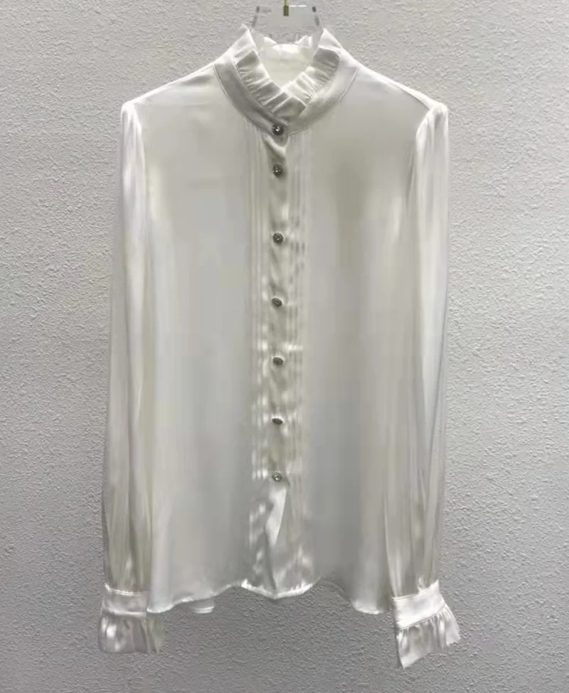 Blusas Feminino 2023 Spring Summer Style Women Stand Neck Ruffle Deco Long Sleeve Elegant White Black Button Shirts Pure Silk