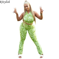 rstylish 2 piece sets womens outfits y2k green print v neck crop tank top pants tracksuit 2022 summer clothing street two pieces