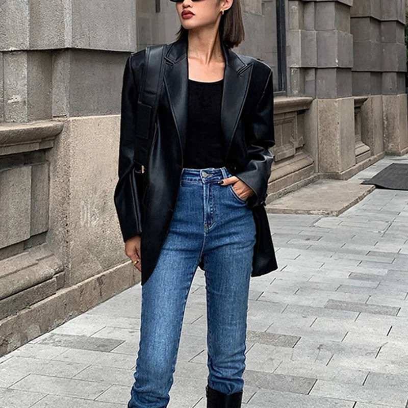 Женский Однобортный блейзер из натуральной кожи кофейного цвета