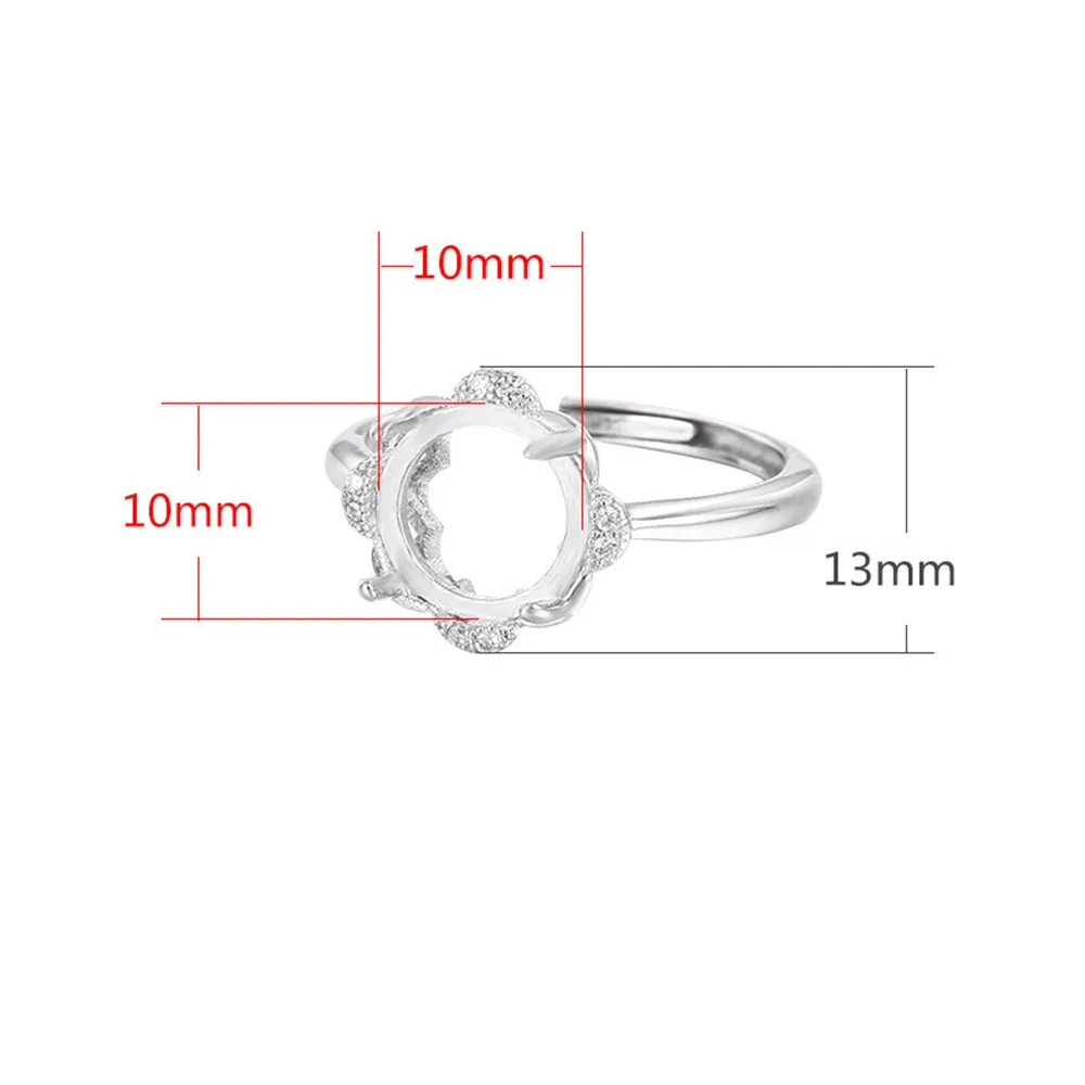 Ring Setting for 10x10mm Round Cabochons Ring Base White Gold Plated 925 Silver Zircon Adjustable Ring Blank RB179S