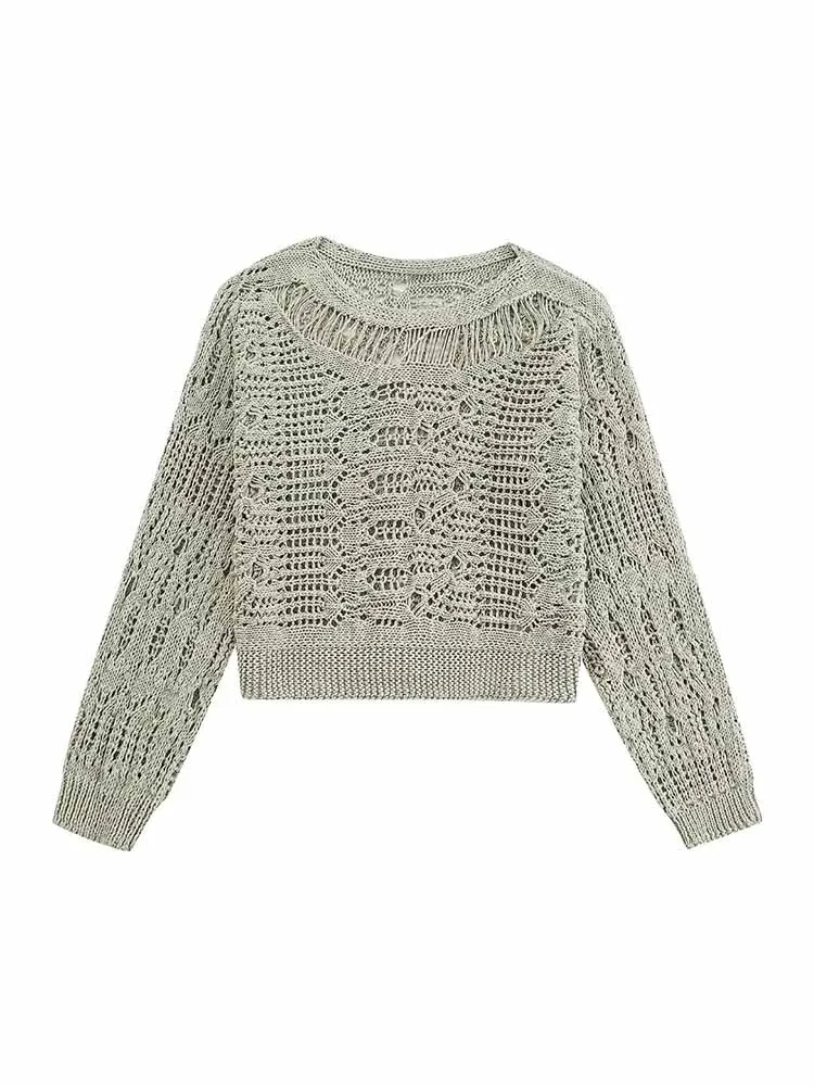 

Women New Fashion hollow out design Cropped Casual Knitted Sweater Vintage O Neck Long sleeve Female Pullovers Chic Tops