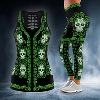 green pattern skull 3d printed tank toplegging combo outfit yoga fitness soft legging summer women for girl