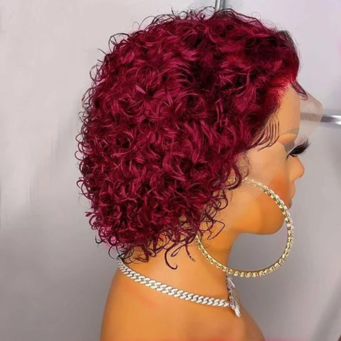 Дешевый красный парик, парик из человеческих волос, Короткие вьющиеся волосы, парик фея, женский прозрачный парик 13x1, кружевной фронтальный короткий кудрявый парик фея