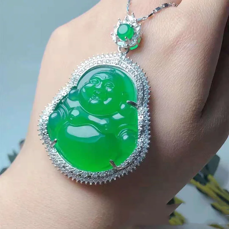 Natural Agate Green Chalcedony Buddha Pendant Maitreya Buddha Women's Wild Necklace Pendant Jewelry