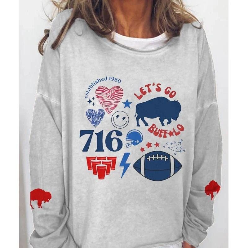 

Rheaclot LET'S GO Buffalo Printing Women's Causal Cotton Long Sleeve SweatShirt