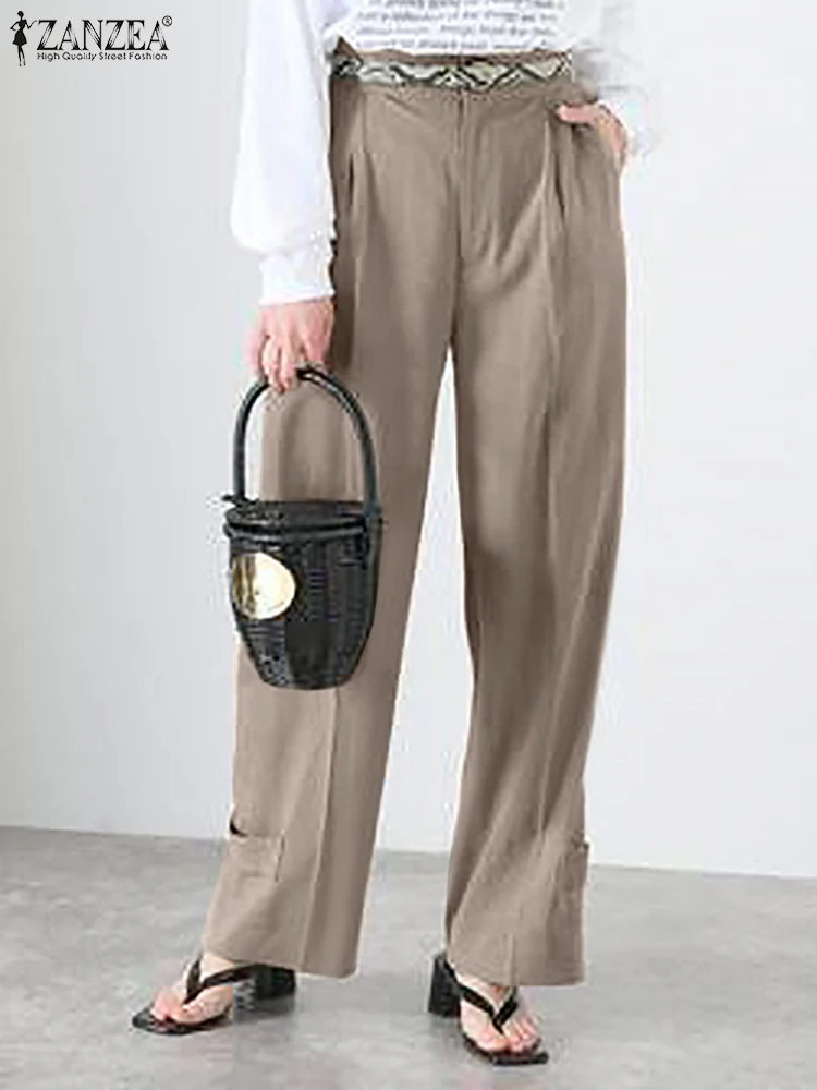 

2022 Elastic Waist Overalls Fashion Solid Cotton Trouser Women Vintage Zip Button Pant ZANZEA Loose Straight Office Work Capris