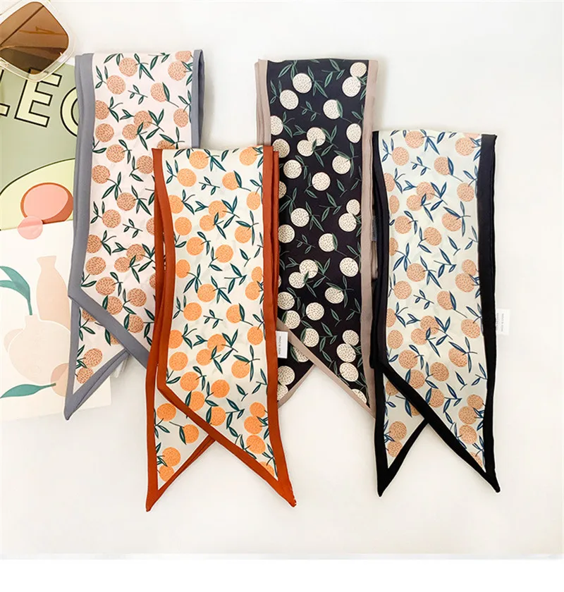 

23 Designs Fashion Brand Women Lovely Fruit Lemon Floral Silk Scarf Lady Print Soft Headband Office Bag Long Thin Shawl 100*10Cm