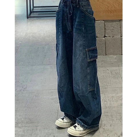 Dark Blue vintage cargo Jeans Women's 2022 Spring y2k Streetwear Loose high waisted jeans Straight Wide Leg cargo  Jeans Women's