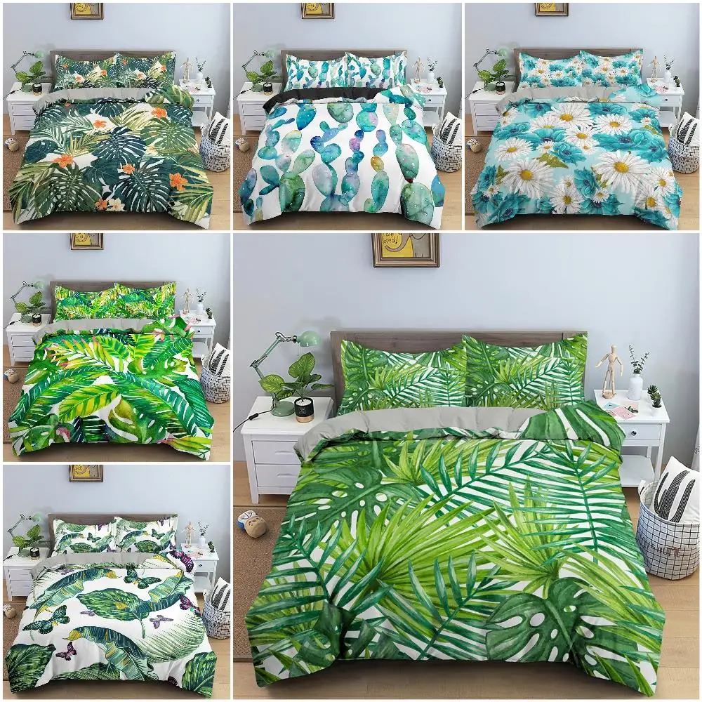 

Tropical Plant Bedding Set Green Leaves Duvet Cover Microfiber Fabric With Zipper Closure Comforter Bedding Sets