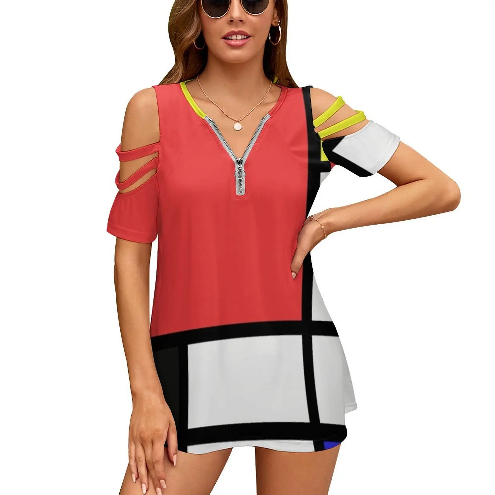 Mondrian Новая мода Топ с открытыми плечами на молнии короткими рукавами Женская