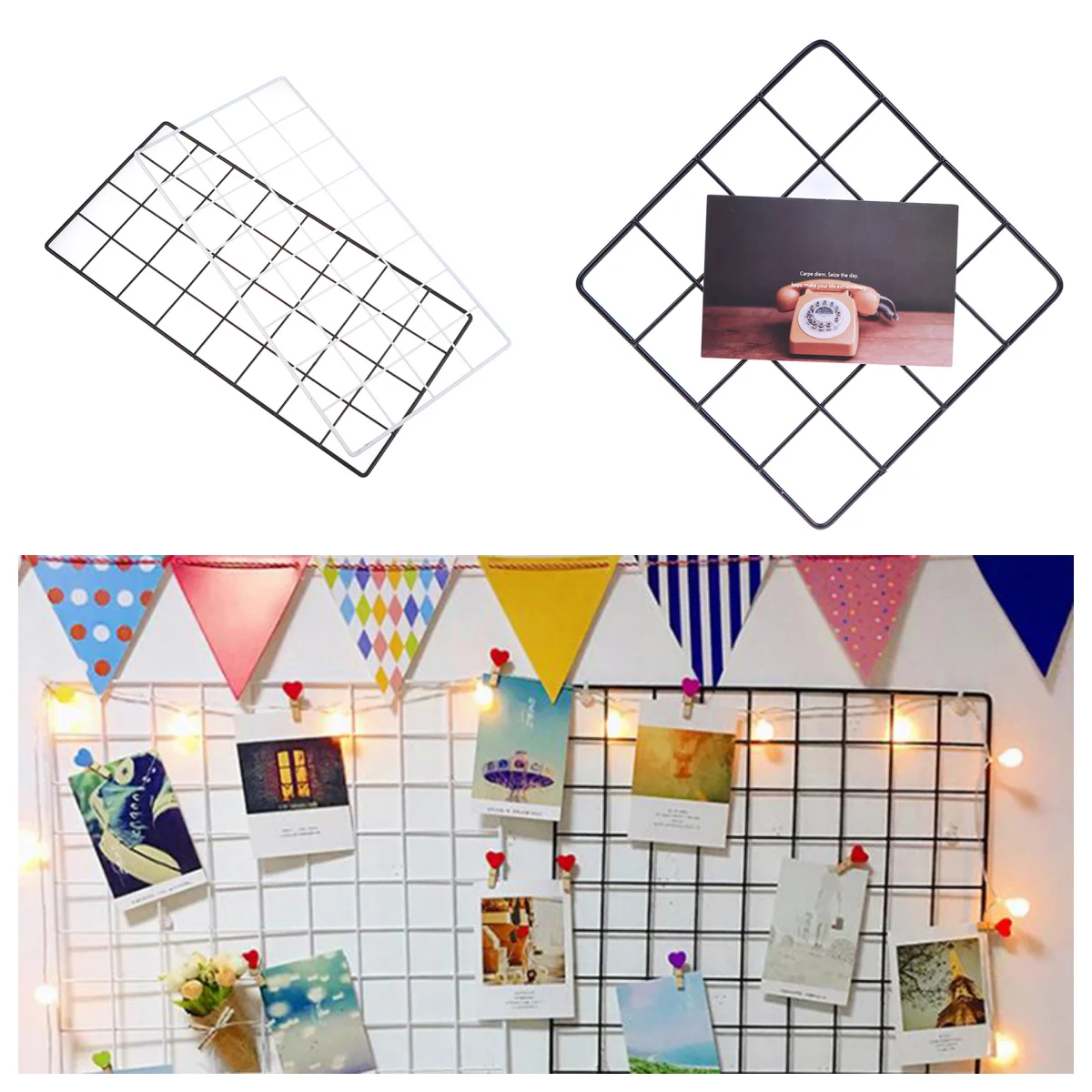 

Modern Home Wall Decoration Iron Grid Nordic Art Photo Displaying Frame Party Metal Shelf Mesh Postcards DIY Racks