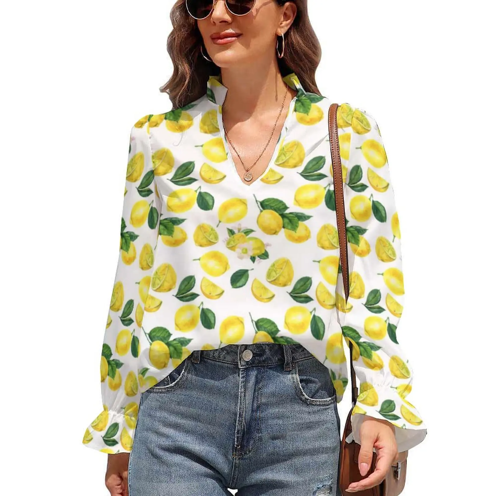 Yellow Lemon Print Chiffon Blouse V Neck Watercolor Fruit Pattern Office Work Blouses Spring Puff Sleeve Streetwear Shirt Top