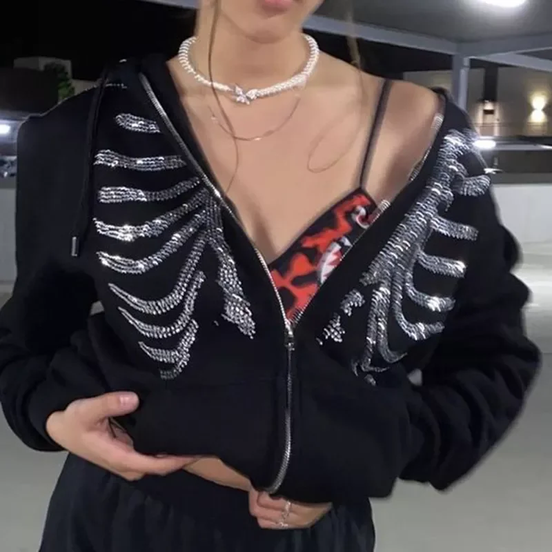 

Y2K Rhinestone Skeleton Zip Up Oversized Sweatshirts 2021 Summer Goth Hoodies Women Grunge Hooded Jacket Streetwear Retro Clothe