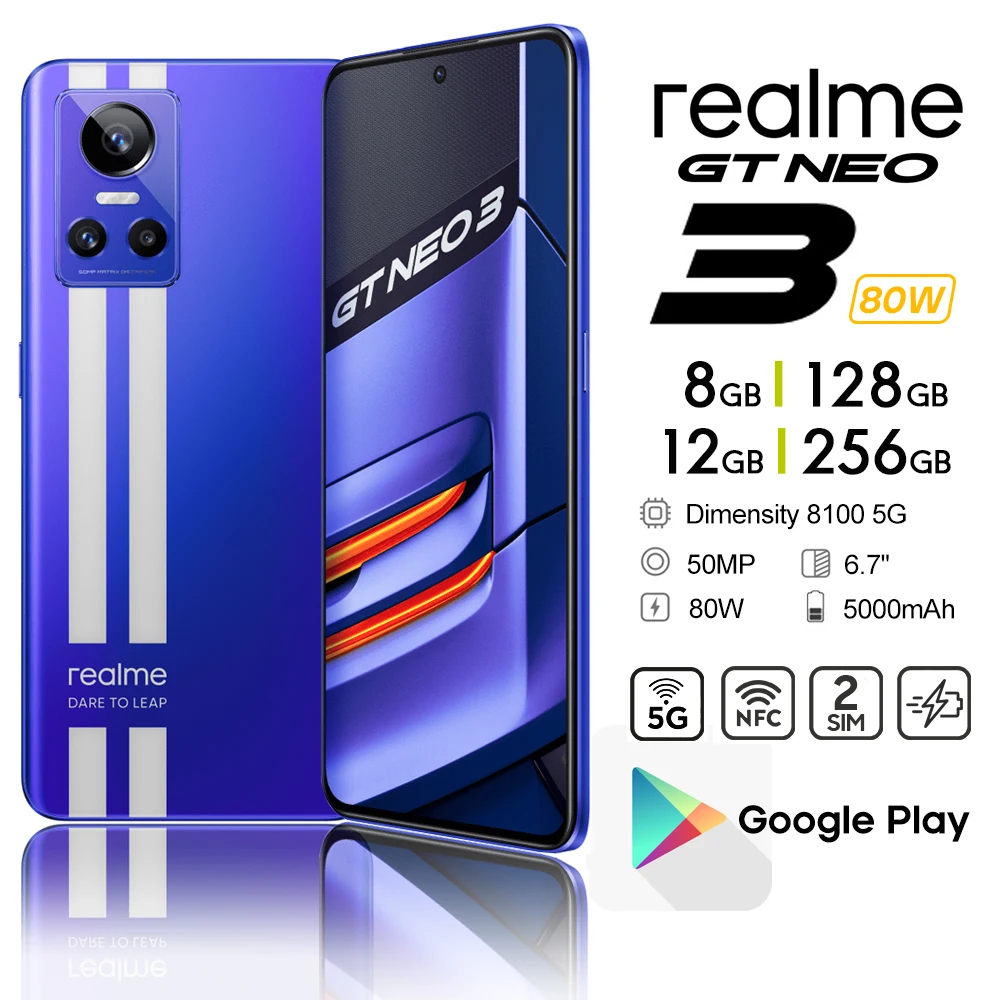 

Смартфон Realme GT Neo 3, суперзарядка 80 Вт, 8100 Гц, AMOLED экран, 120 мАч, NFC