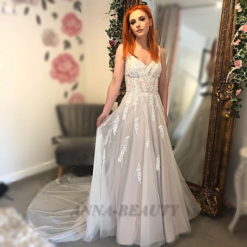 

Anna Simple A Line Tulle Wedding Gown For Bride V Neck Appliques Tank Illusion Court Train Sleeveless Robe De Soirée De Mariage