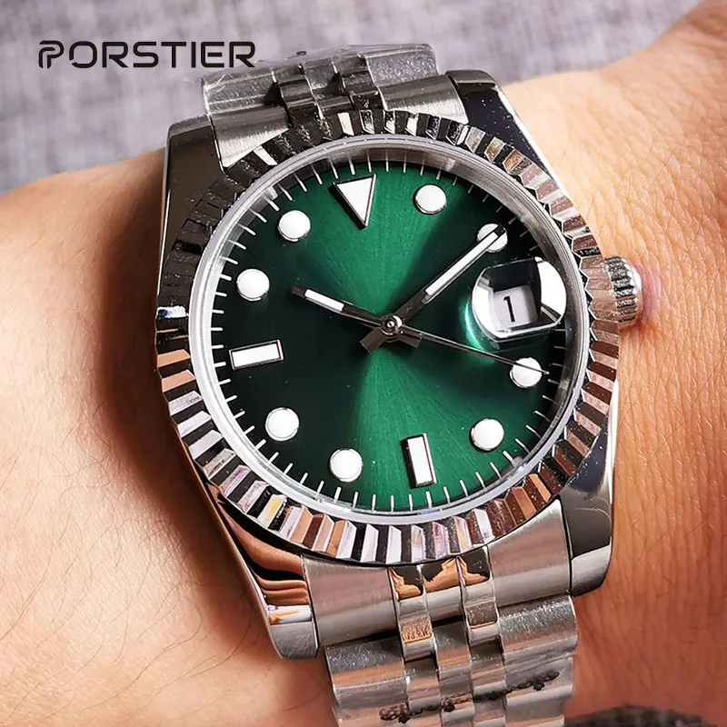 

PORSTIER 36mm Watch Men NH35A Miyota Sunbusrt Green Dial Sapphire Crystal Fluted Bezel Automatic Wristwatch Jubilee 904 Steel