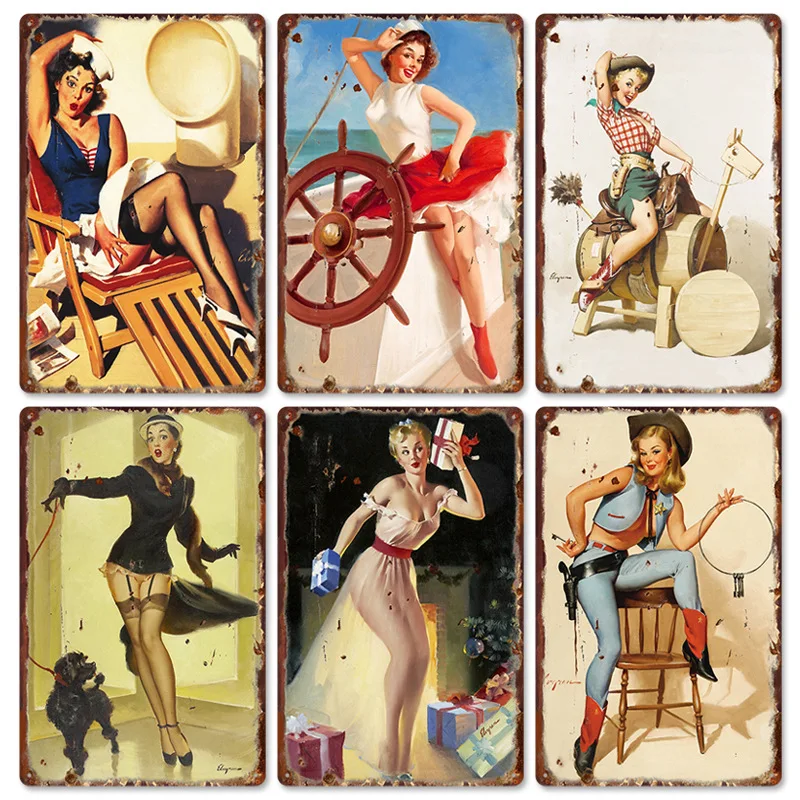 

Pinup Beauty Series Tin Signs Vintage Iron Plaques Living Room Background Wall Bar Decoration Cafe Frameless Painting