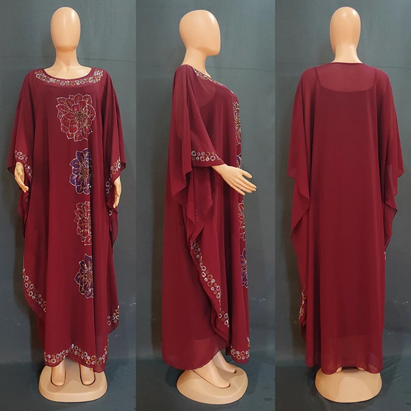 European and American women's Muslim long skirt suit diamond-encrusted chiffon suit two-piece Abaya Islamic holiday suit