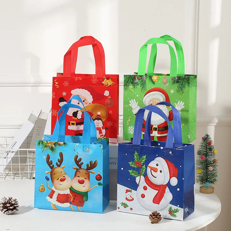 

10pcs Christmas Tote Bag Handle Santa Claus Candy Gift Packaging Bags Kid Favor New Year Navidad Decoration Event Party Supplies