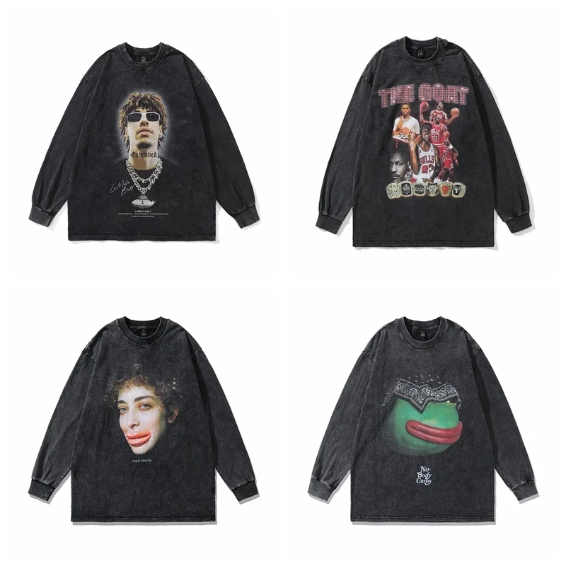 

New Fashion Vintage Y2K Old School Washing Loose Cartoon Streetwear Three balls Tee Tshirt tops men