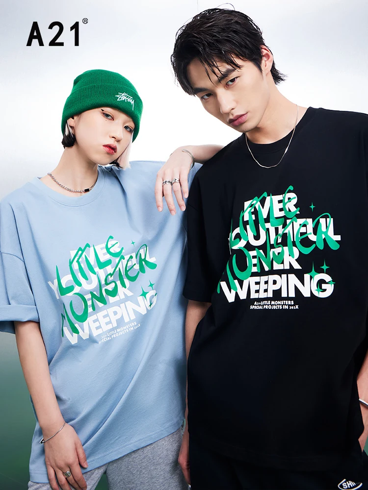 

A21 Couple Casual Baggy T-shirts Summer 2022 Women Simple Loose Letter Printed Tops Female Vintage 100% Cotton Short Sleeve Tees