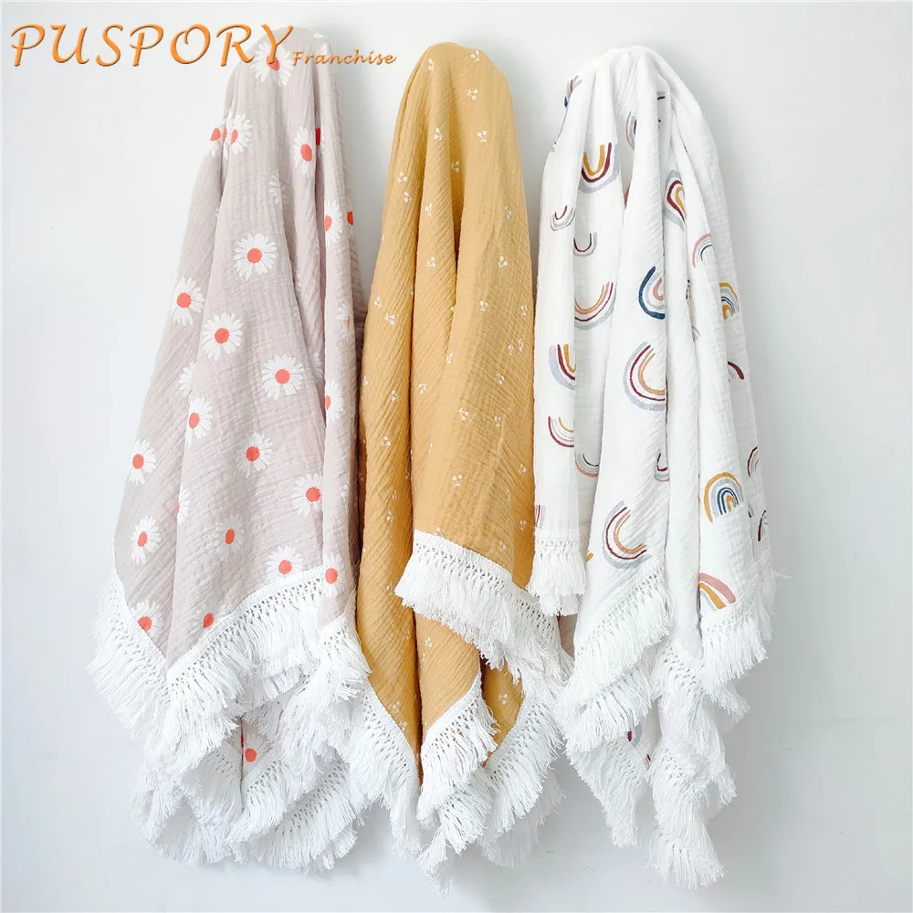 

Детское одеяло с кисточками и принтом, хлопковое Марлевое оберточное полотенце, одеяло на колесиках для новорожденных, новая распродажа, де...