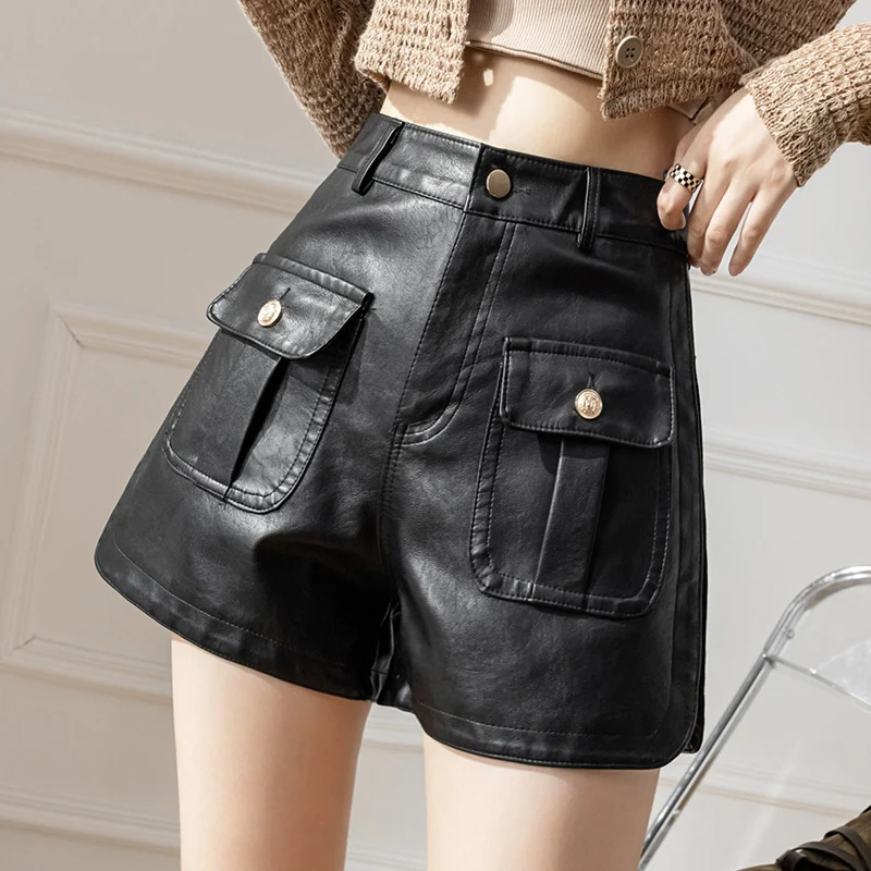 Женские черные готические кожаные шорты винтажные эстетические брюки корейские