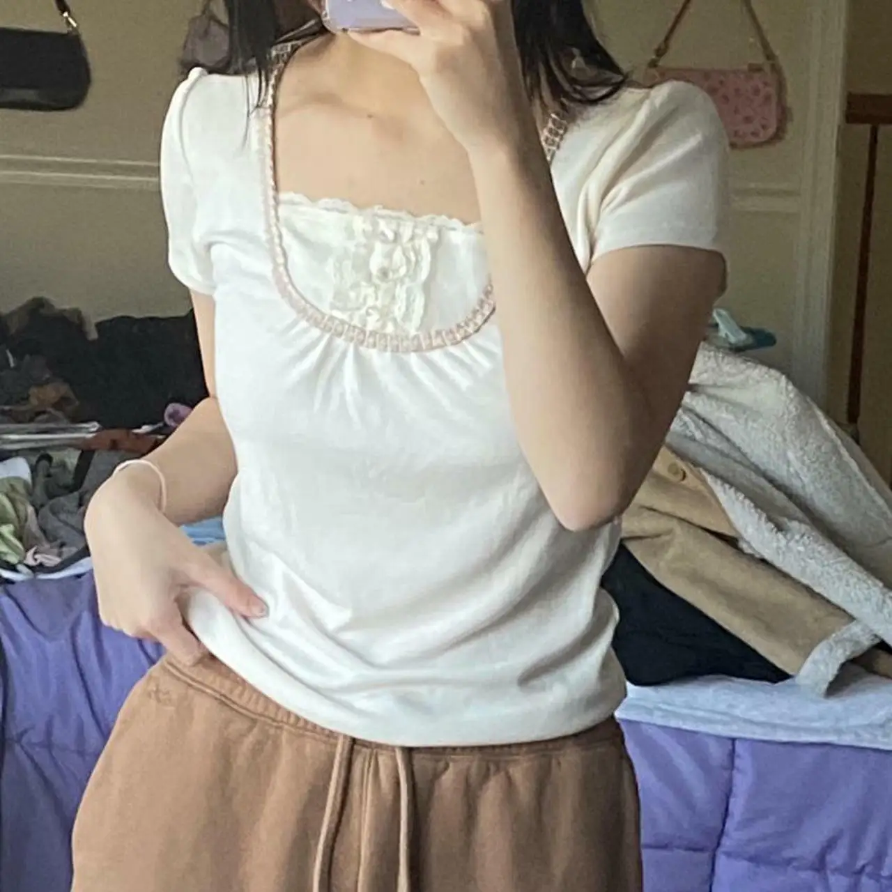 

Женская Винтажная футболка с коротким рукавом и квадратным вырезом