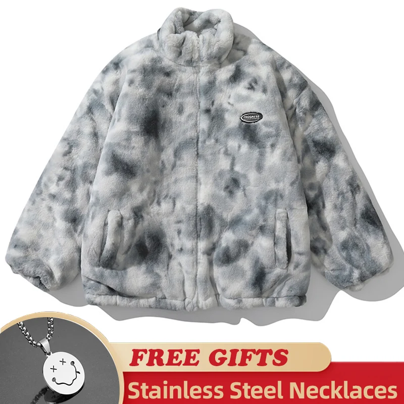 Dye Heart Fuzzy Jackets Warm Coats  Casual Zipper Coats Hip Hop Winter Faux Fur Fleece Jacket Streetwear Men Harajuku Tie