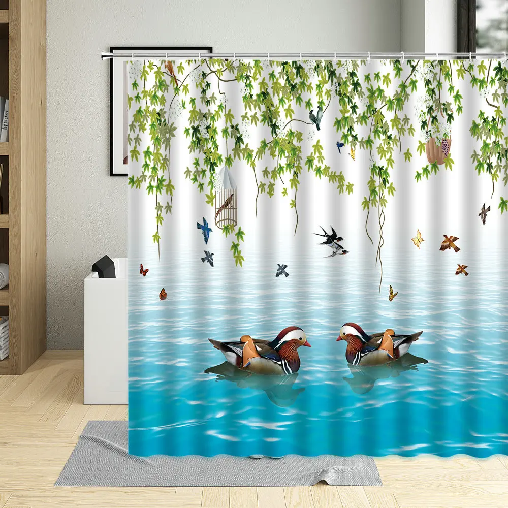 

Abstract Color Flowers Shower Curtains Love Couple Swan Decor Watercolor Pink Floral Bathroom Curtain with Hooks Waterproof