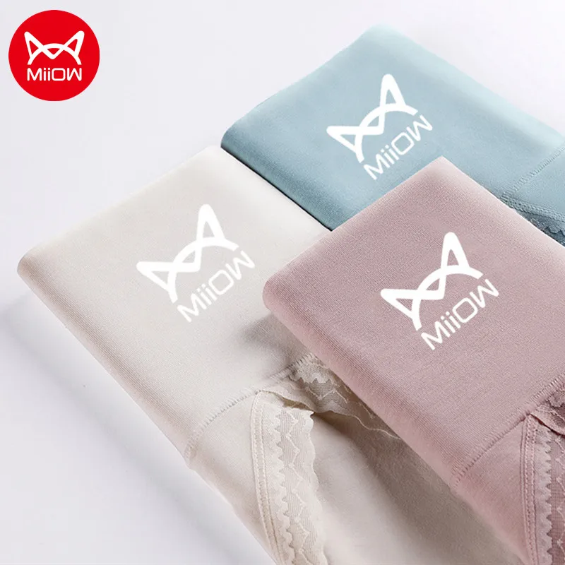 

MiiOW Genuine 4pcs Pure Cotton Women Underwear Higj-waist Abdomen Graphene Antibacterial Underpants Sexy Lace Plus Size Briefs