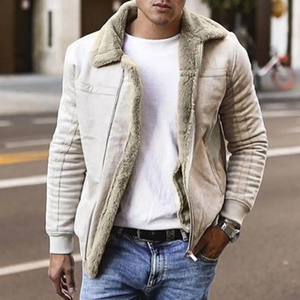 Men Winter Coat Zipper Fleece Thick Turn-down Collar Keep Warm Casual Plus Size Long Sleeves Retro Outdoor Coat for Motocycling