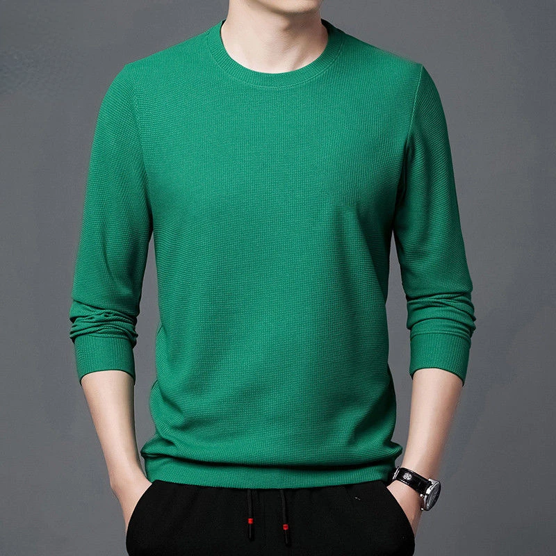 

Men Sweatshirt Solid Color Long Sleeve Casual Breathable Pullover Round Neck Autumn Sweatshirt Daily Wear Waffle Hoodies E164