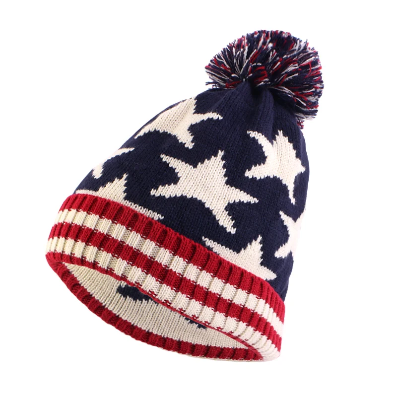 

Мужская зимняя вязаная шапка с меховым помпоном и американским флагом, плотные женские шапки, облегающие шапки, шапки для активного отдыха, лыжного спорта, походов