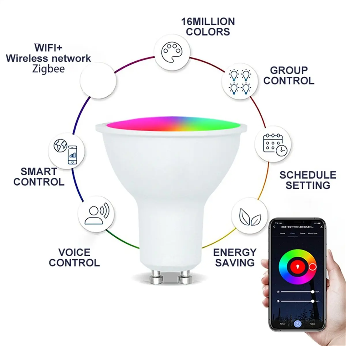 Фото Набор из 4 светодиодных ламп Tuya Bulb GU10 RGB CW+WW, 5 Вт, с регулировкой яркости, управление через приложение Smart Life, лампы D №2