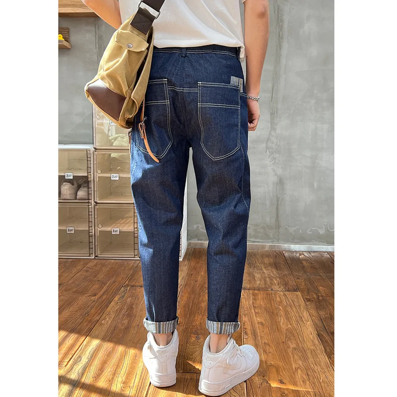 Men's Wear 2022 Autumn and Winter New Style Versatile Straight Nine Points Navy Blue Cargo Pants Loose Recreational Jeans Female