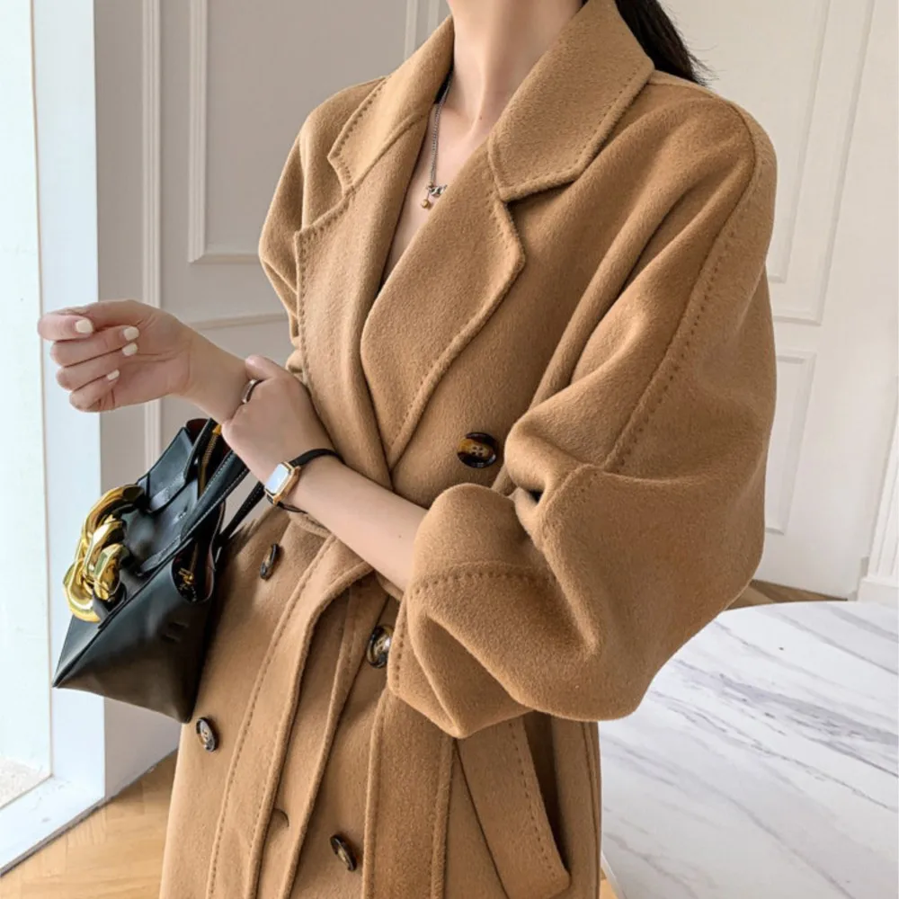 

Осенне-зимнее Новое кашемировое шерстяное пальто, женская одежда длиной мм, повседневный свободный двубортный Тренч в стиле ретро
