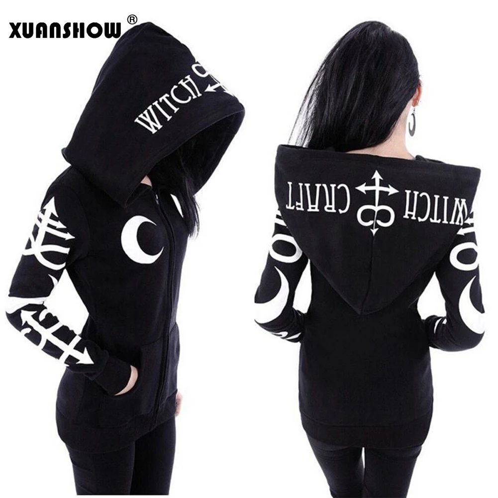 XUANSHOW 2022 Women Hoodies Sweatshirts Gothic Punk Moon Letters Print Clothes Autumn Winter Long Sleeve Jacket Zipper Lady Coat