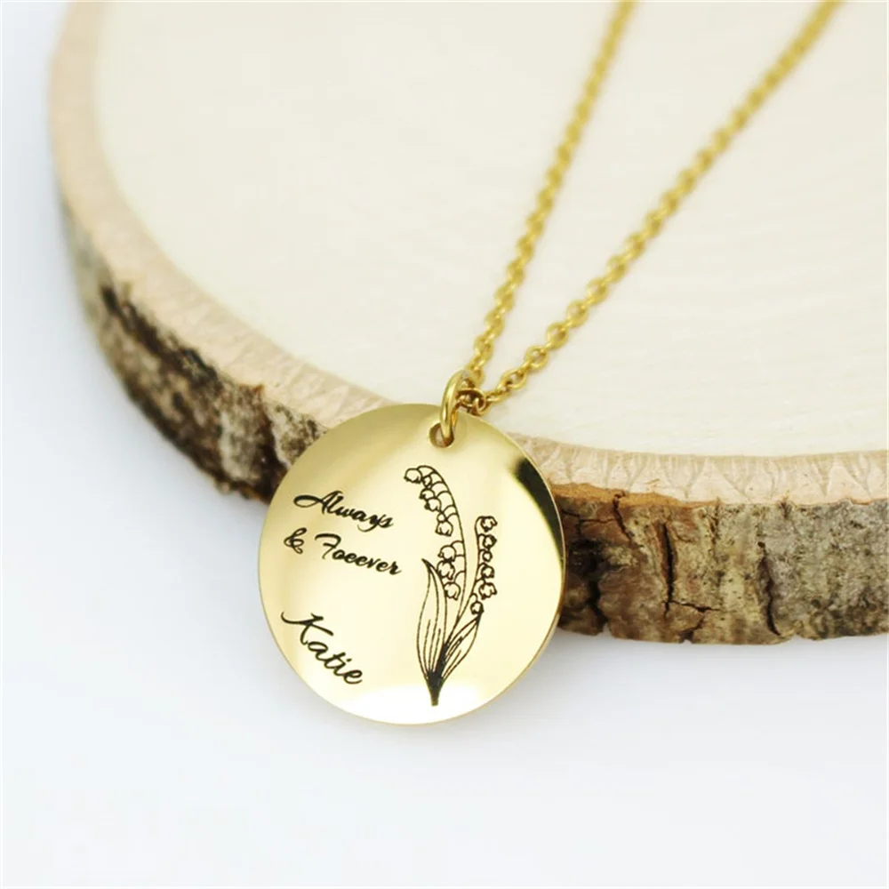 Personalized Women's Birth Flower Necklace Laser Engraved Name  Birth Moon Mom Necklace Stainless Steel Mom Birthday Gift