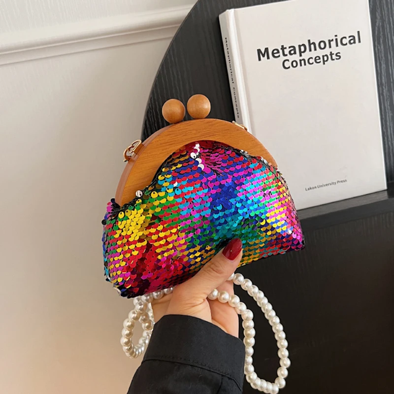

Colorful Sequin Evening Clutch Bag For Women 2023 New Wood Clip Handbag Purse Lady Retro Pearl Chain Shoulder Crossbody Bag Mini