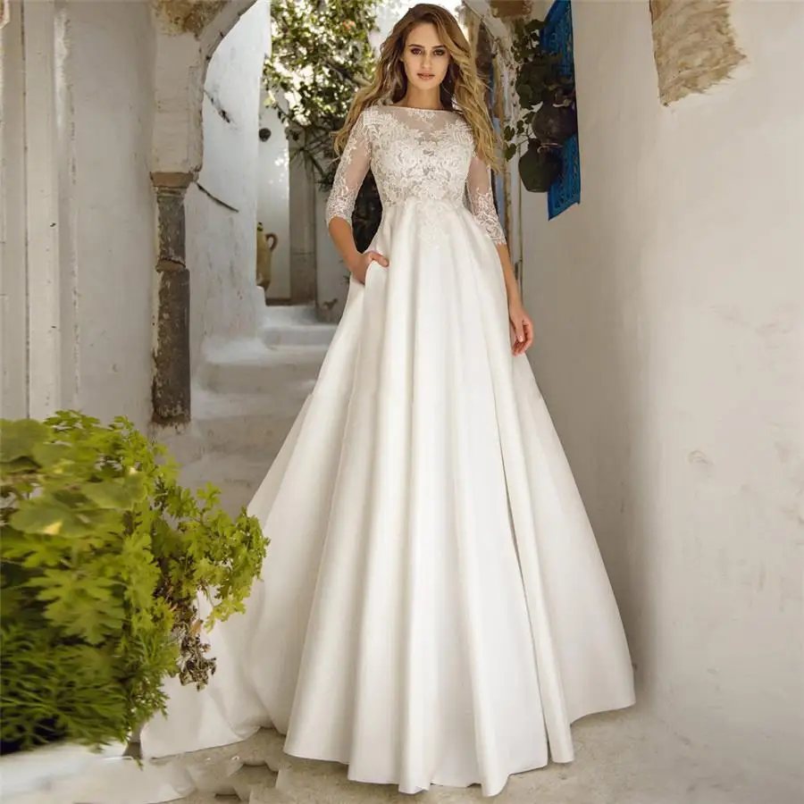 

Lace Quarter Sleeves A-Line Wedding Dresses Simple Court Train Long Bridal Gowns Modest Robe De Mariee Custom Plus Size