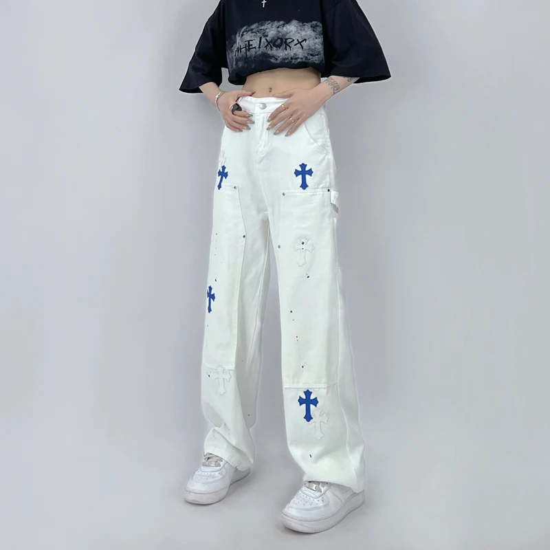 Women's Fashion Y2K Clothes White Jeans Men Wide Baggy Printed Denim Wide Pants For Women Straight Trousers Teachwear Streetwear