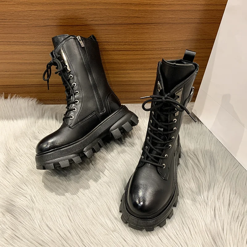 Round toe square heel cross lace women's boots for fall/winter 2022 new fashion platform side zipper women's casual ankle boots