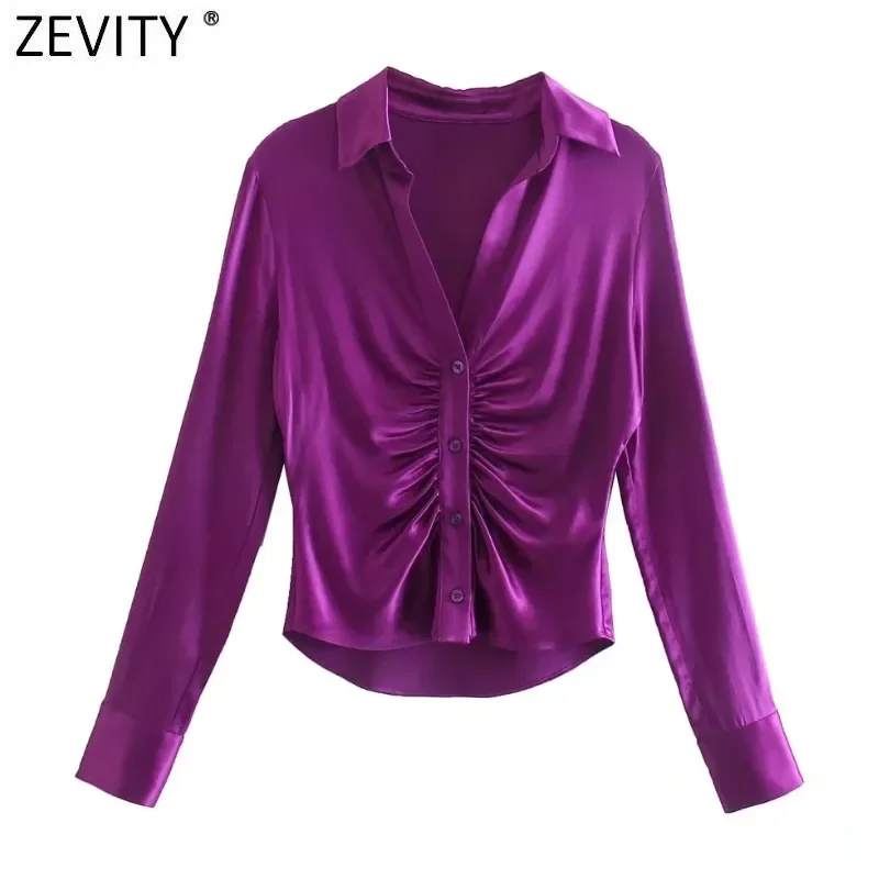 

Zevity 2022 Women Fashion Pleats Design Purple Satin Smock Blouse Lady Casual Slim Buttons Kimono Shirts Chic Blusas Tops LS9807