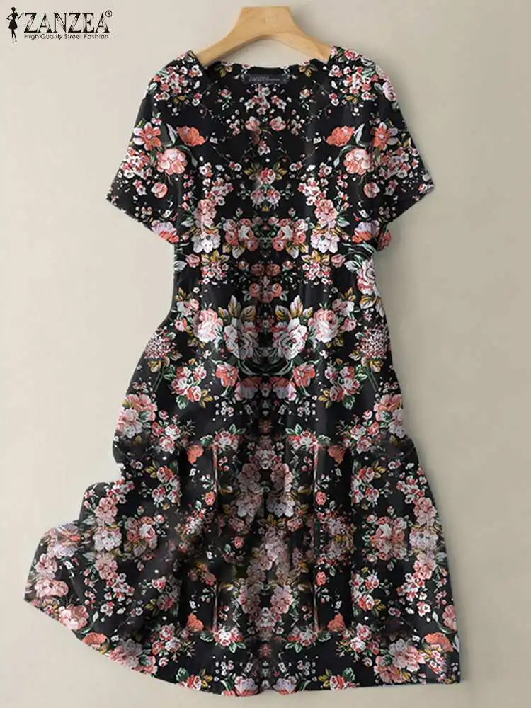 

Платье-миди женское летнее с коротким рукавом и круглым вырезом