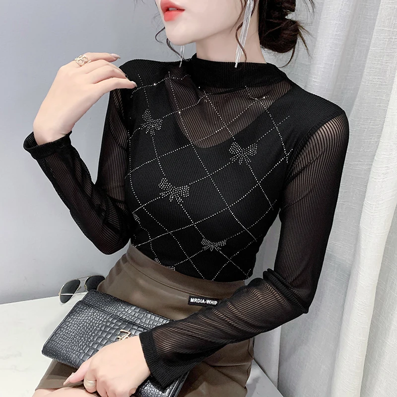 

Autumn Winter Women Butterfly Diamond Inlay Long Sleeve T-shirts Solid Color Perspective Mesh Top Thin Splicing Bottoming Shirt