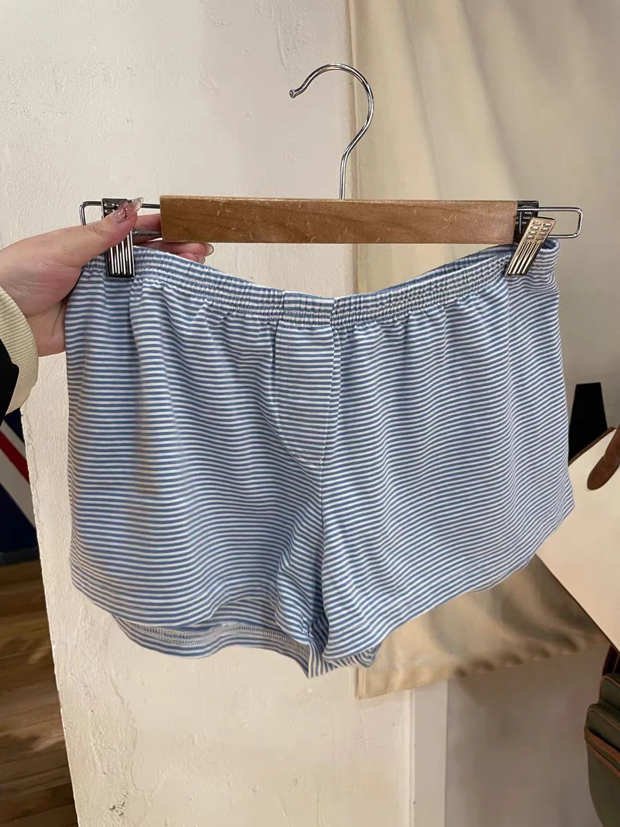 Хлопковые шорты в синюю полоску женские летние новые прямые короткие брюки с