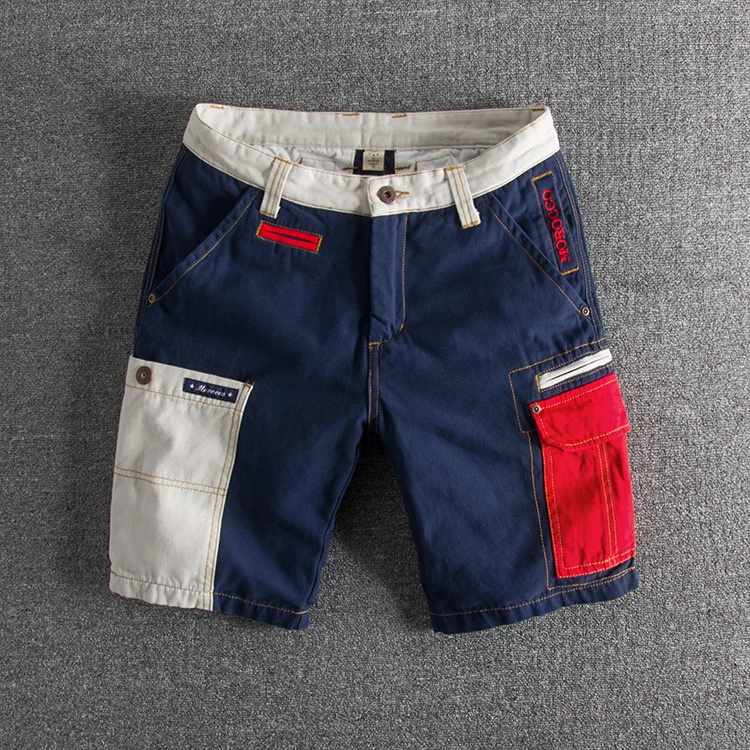 

Summer Men Shorts Trend Contrast Stitching Washed Multi-Pocket Slim Cargo Cotton Youth Steetwear Hip-Hop Male Pants Clothes