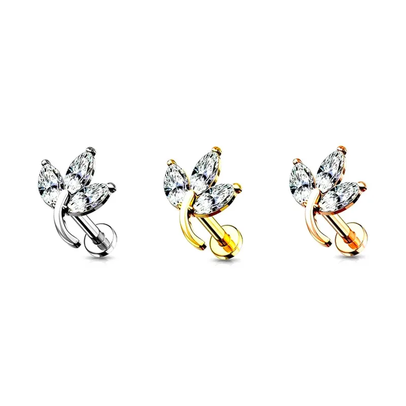 

16G Flower Leaf CZ Zircon Labret Stud Lip Internal Thread Helix Piercing Daith Conch Earring Ear Tragus Jewelry