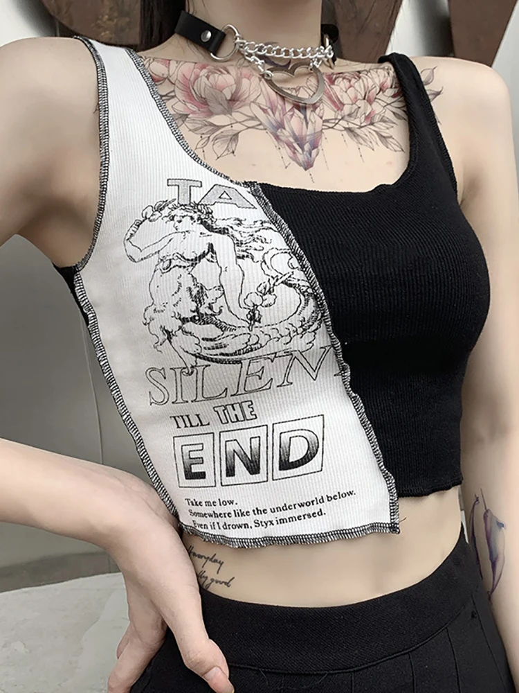 Goth Dark Punk Style Patchwork Tank Tops Aesthetic Letter And Graphic Print Women Crop Top Color Blocking Sleeveless Streetwear